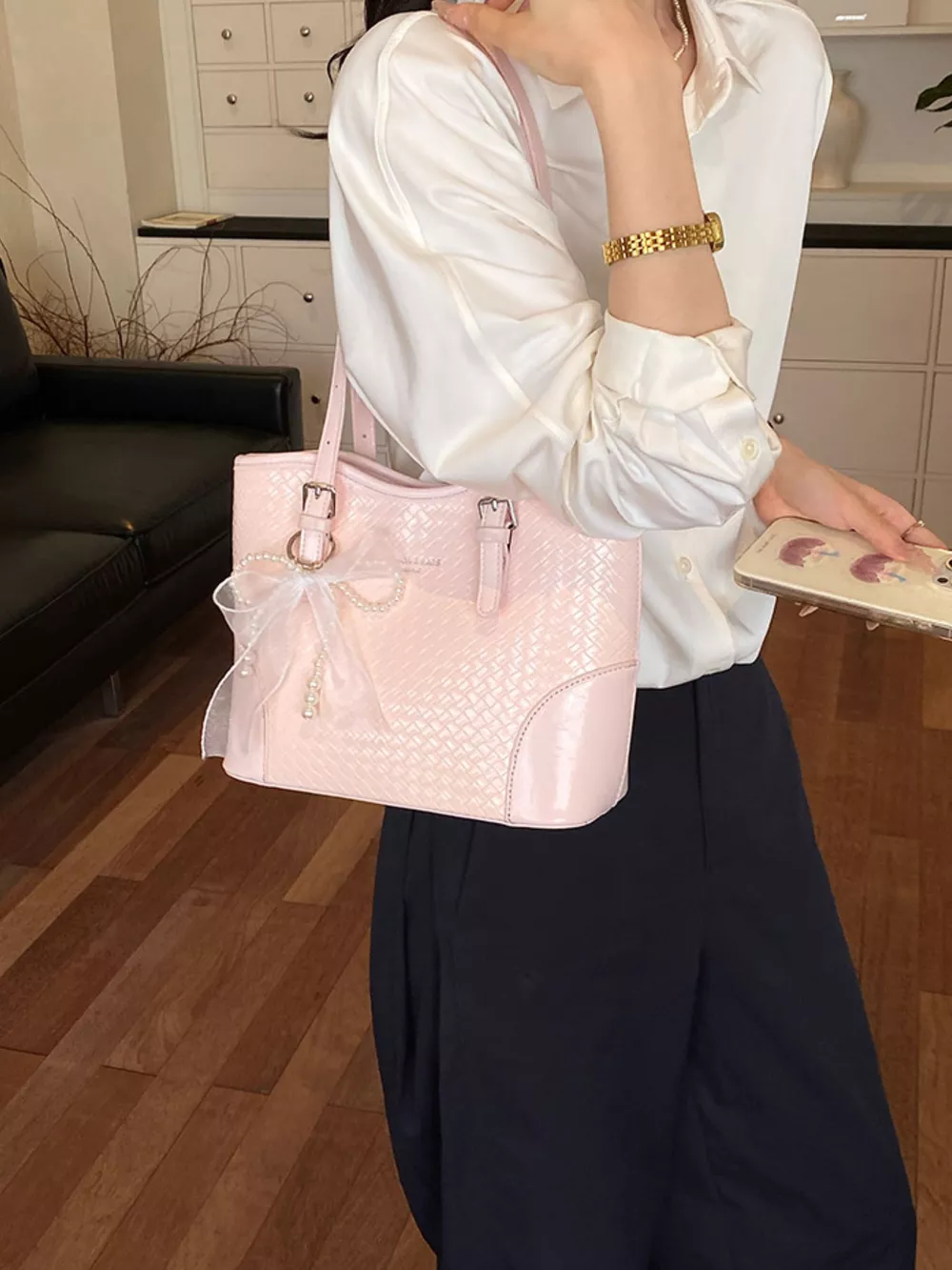Textured PU Leather Shoulder Bag, image 4