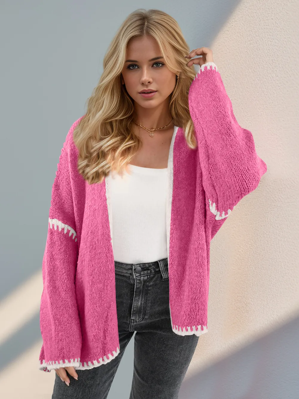 Contrast Open Front Dropped Shoulder Cardigan, image 9