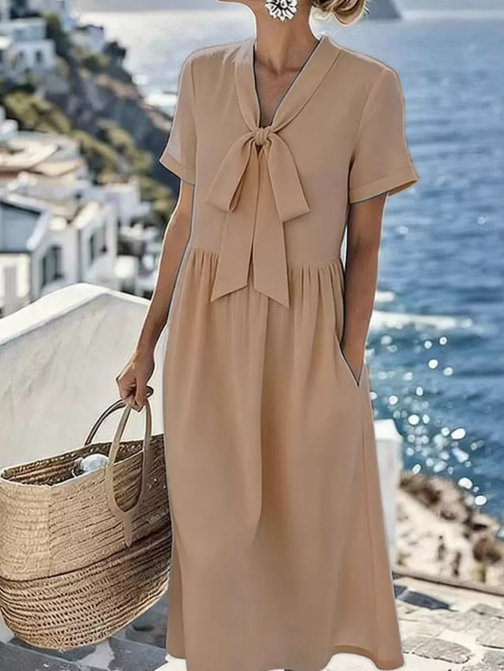 Bow-Tie Short Sleeve Midi Dress, image 7