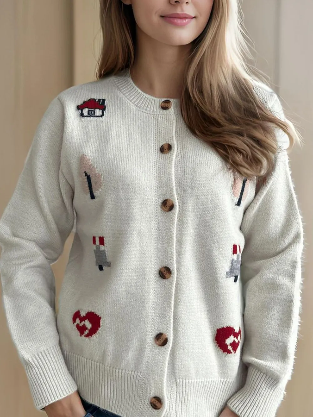 Button Up Round Neck Long Sleeve Cardigan, image 4
