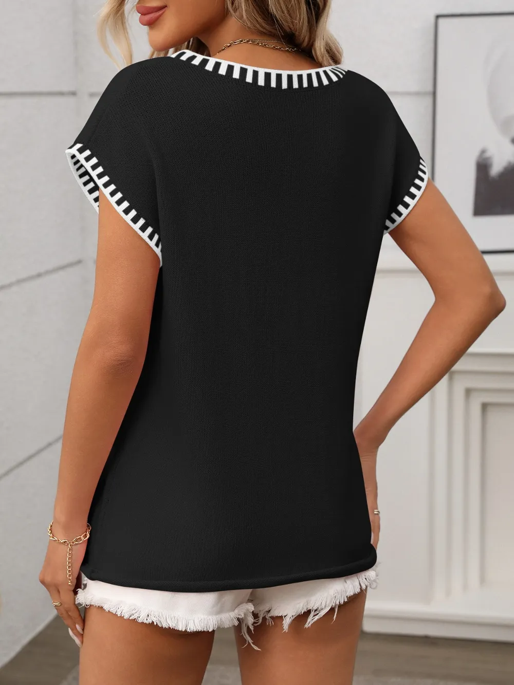 Contrast Trim V-Neck Short Sleeve Knit Top, image 17