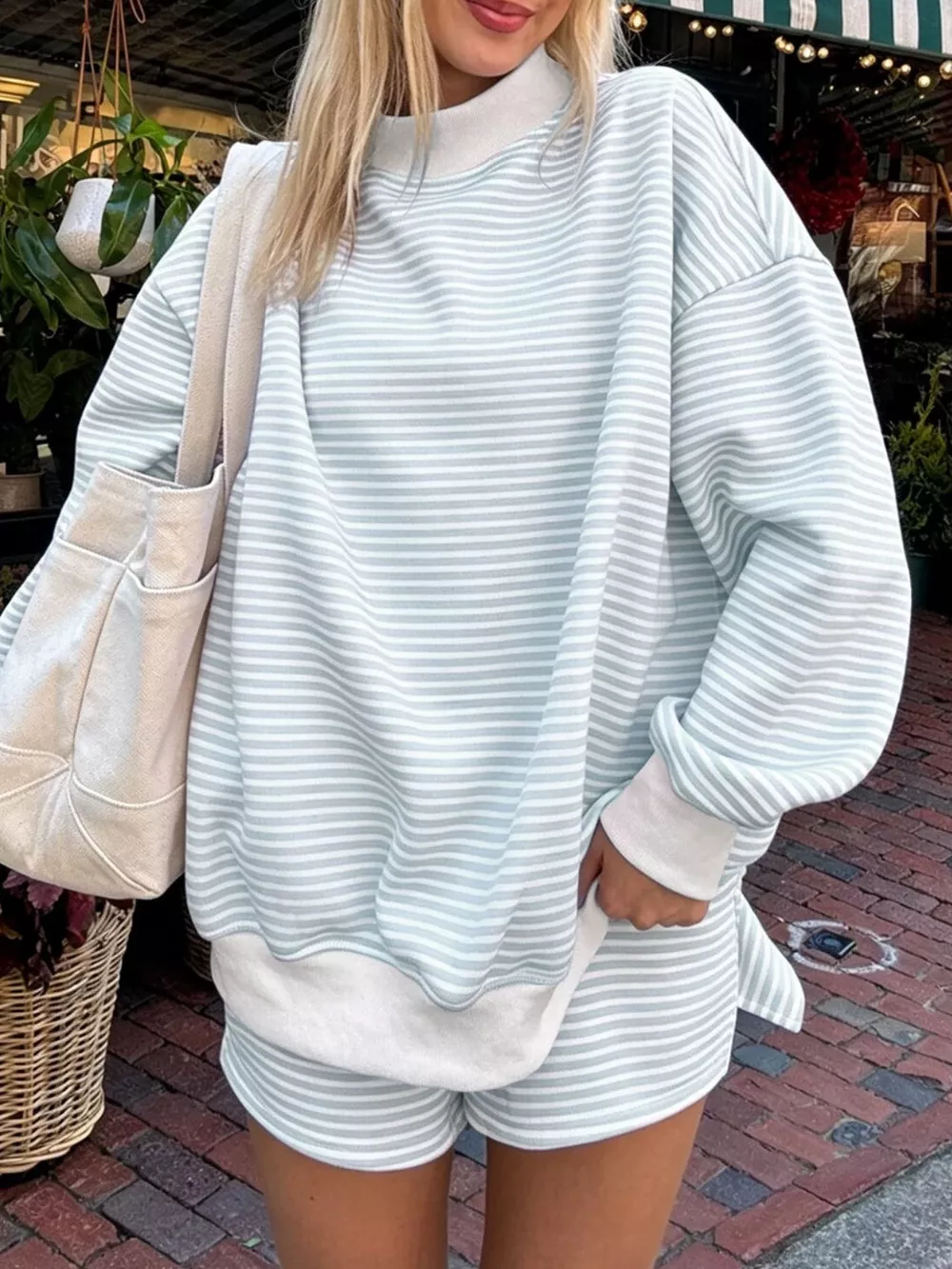 Striped Mock Neck Sweatshirt and Shorts Set, image 7