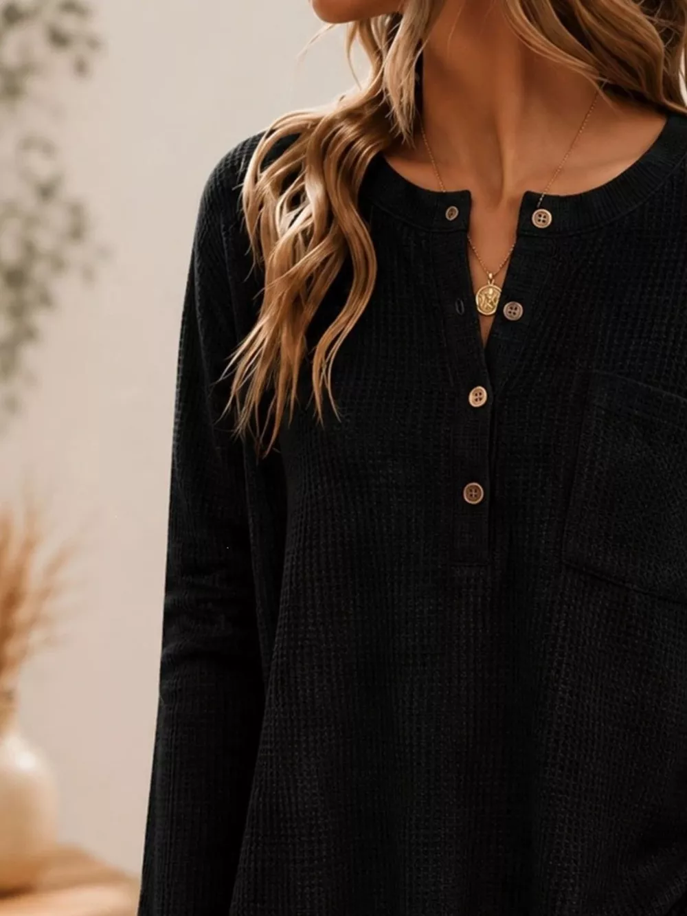 Waffle Knit Button Detail Top, image 4