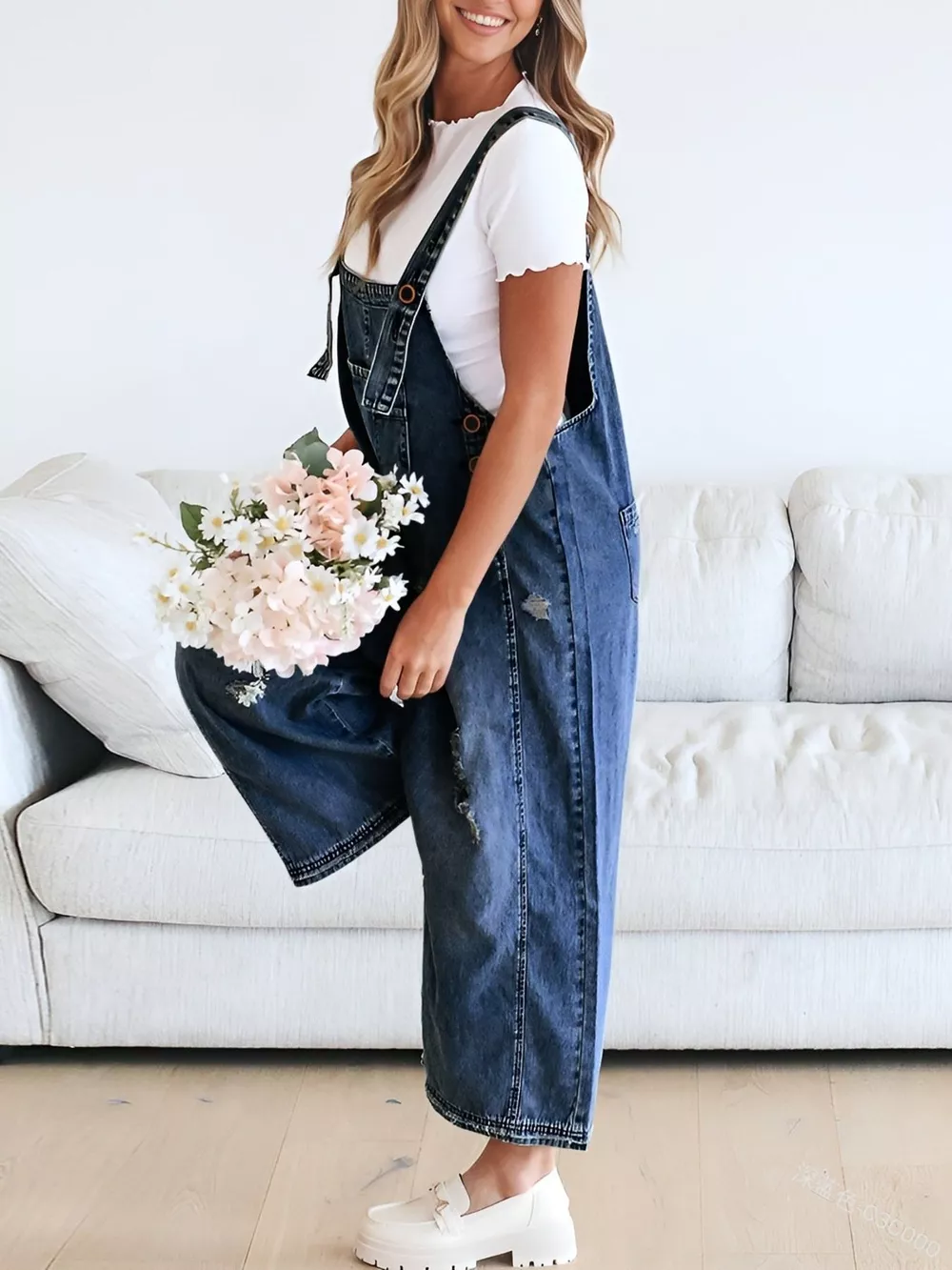 Distressed Wide Leg Denim Overalls, image 15