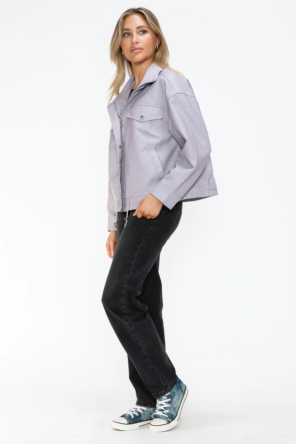 Drawstring Hem PU Leather Zip Up Jacket, image 21