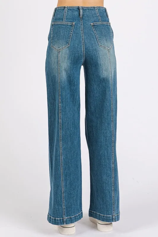 Medium Wash Seam Detail Wide Leg Denim Jeans, image 5