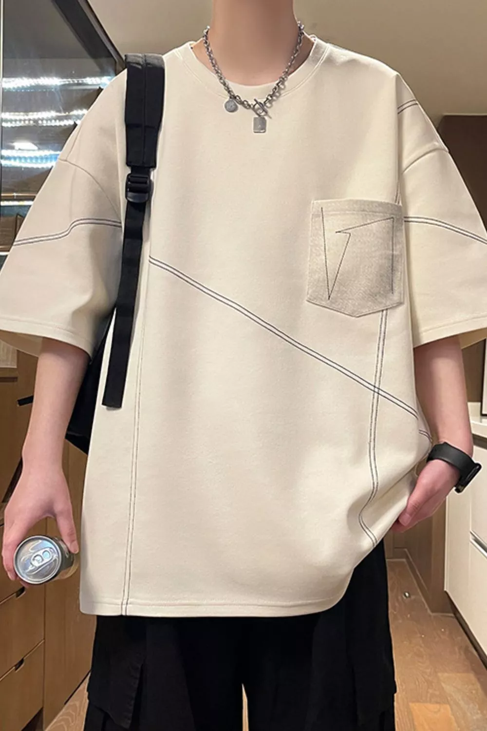 Men's Plus Size Contrast Stitching Oversized Round Neck T-Shirt, image 6