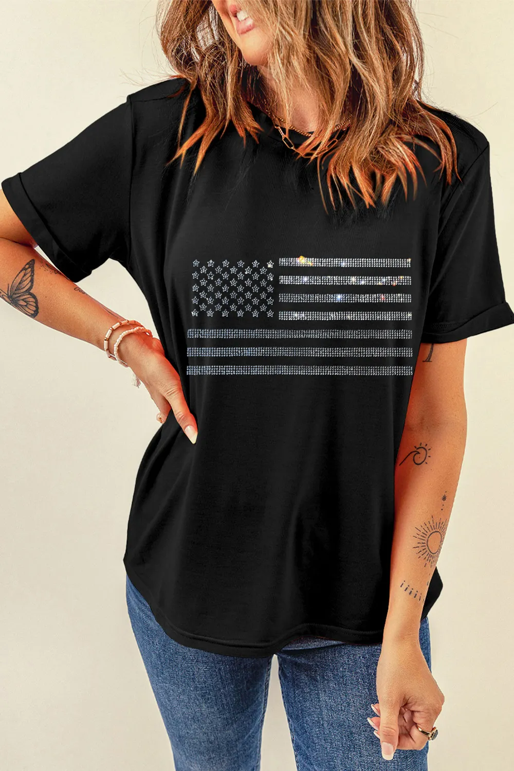 Rhinestone US Flag Round Neck Short Sleeve T-Shirt, image 2