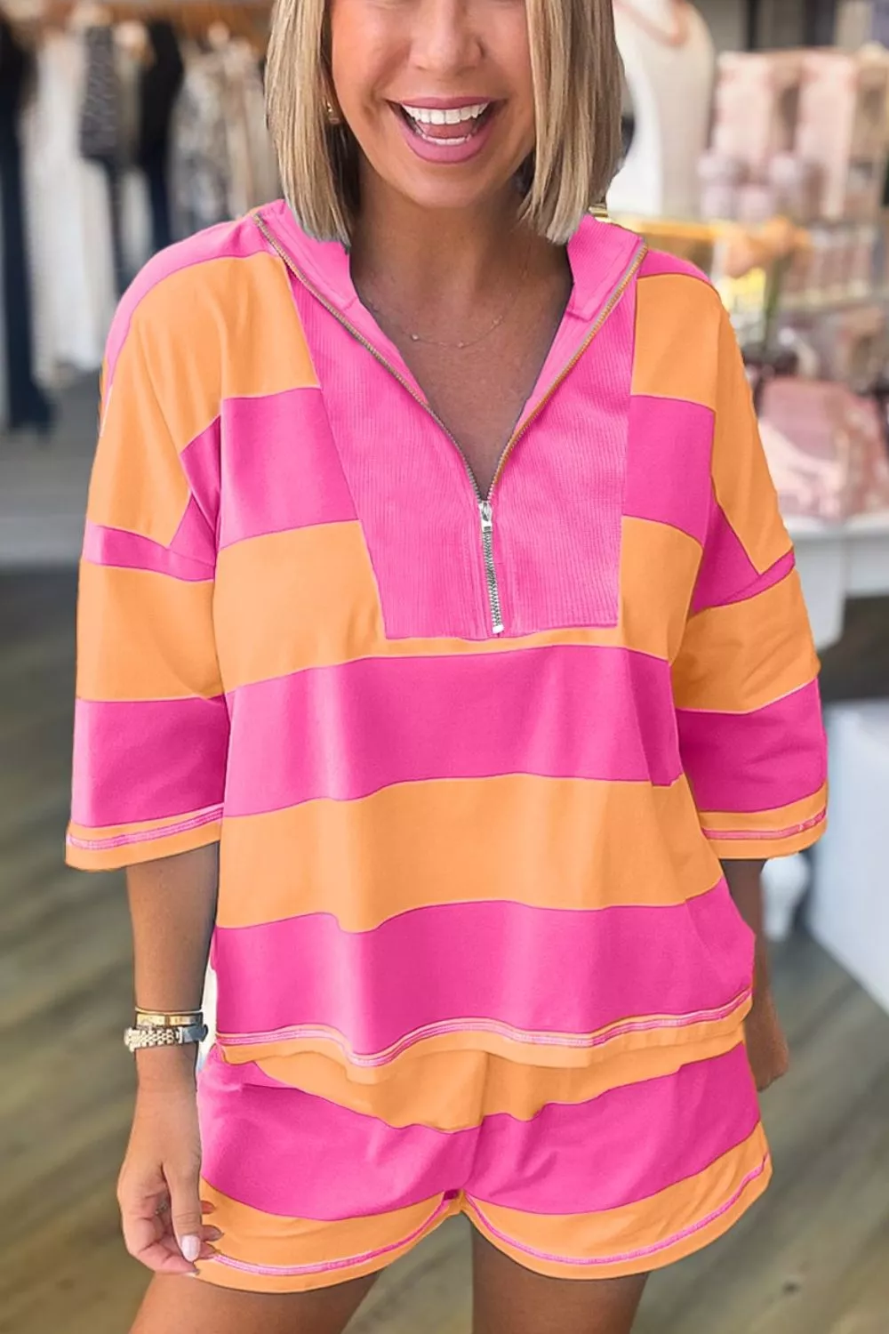 Stripe Long Sleeve Casual Top Drawstring Shorts 2pcs Set, image 2