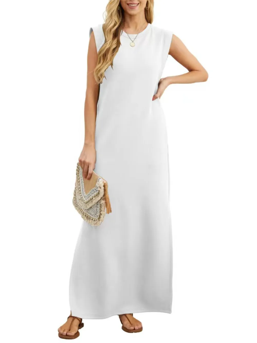 Full Size Slit Round Neck Sleeveless Maxi Tank Dress Plus Size, image 18