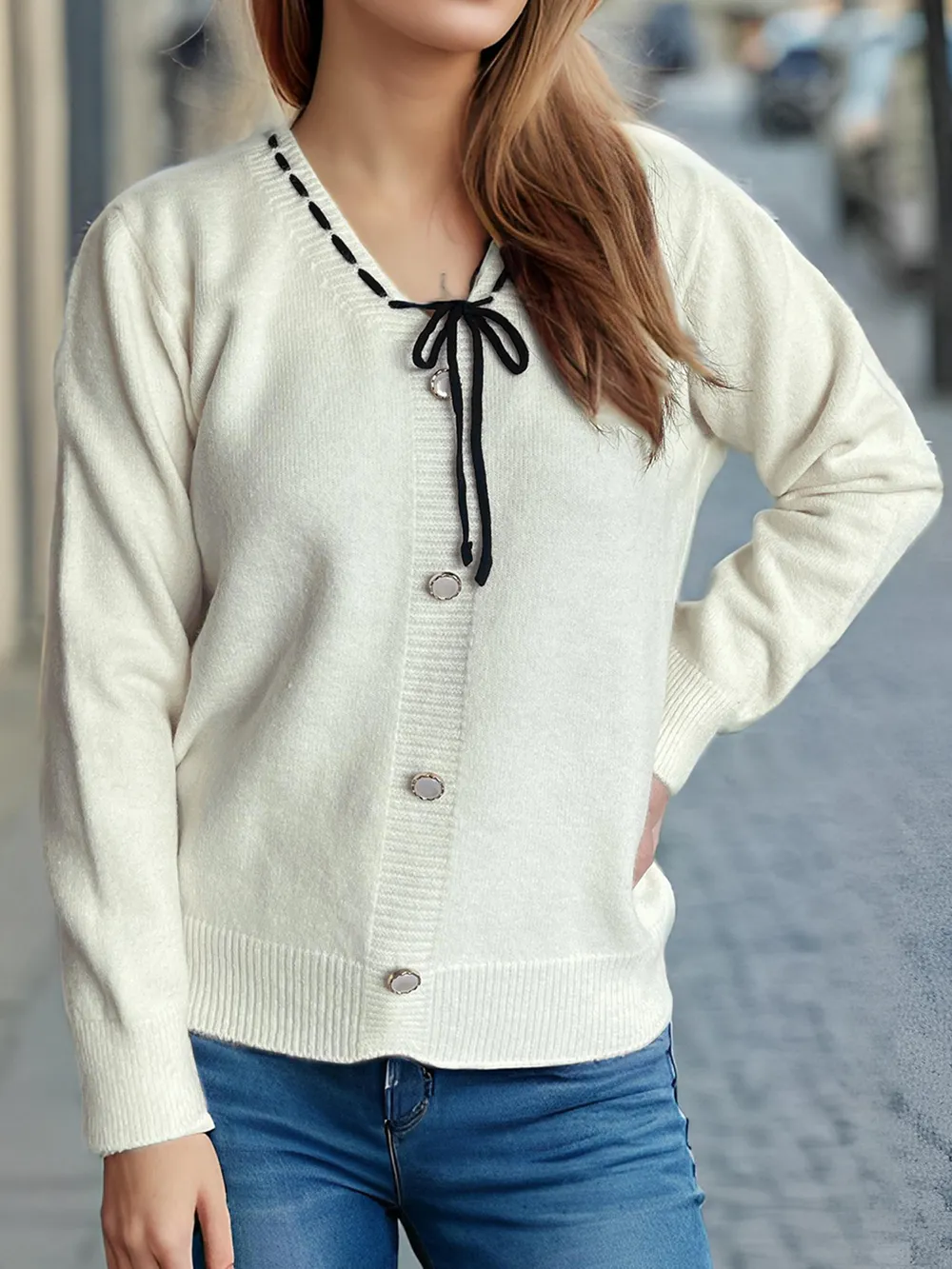 Tied V-Neck Long Sleeve Sweater, image 10