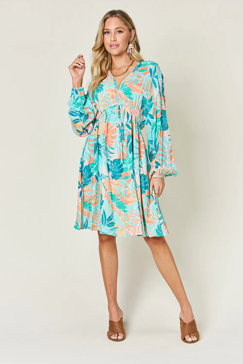 Full Size Printed V-Neck Drawstring Dress, image 5