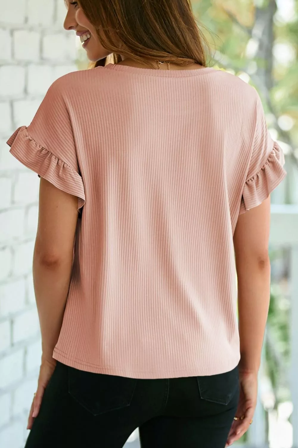 Solid Color Ribbed Ruffled Short Sleeve T Shirt, image 5