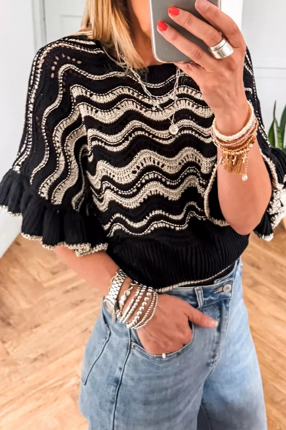 Wave Pattern Ruffle Sleeve Sweater, image 3