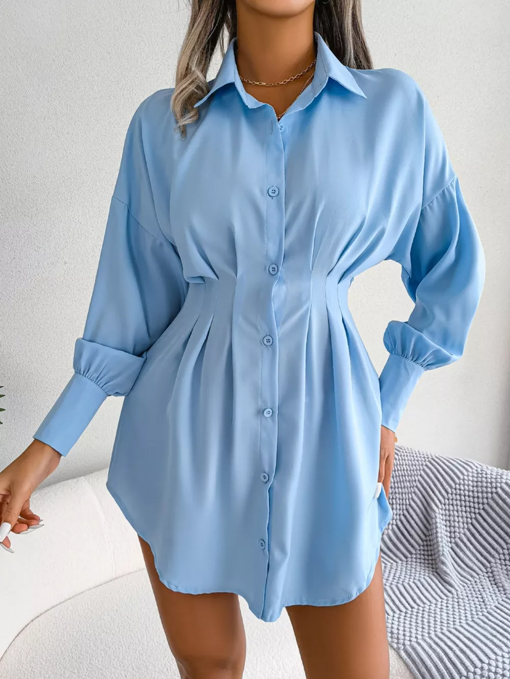 Elegant Button-Down Cinched Waist Mini Shirt Dress, image 5