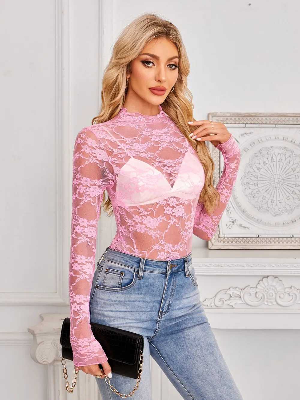 Mock Neck Long Sleeve Lace Sheer Top, image 20
