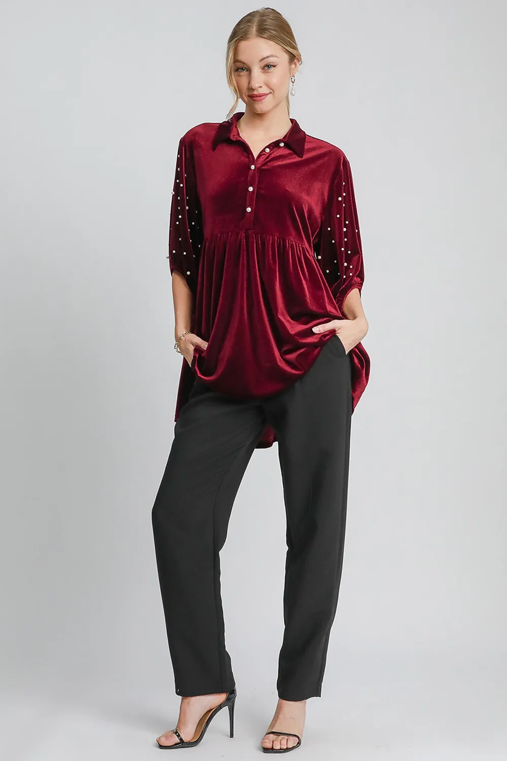 Pearl Detail Collared Neck Velvet Babydoll Blouse, image 4