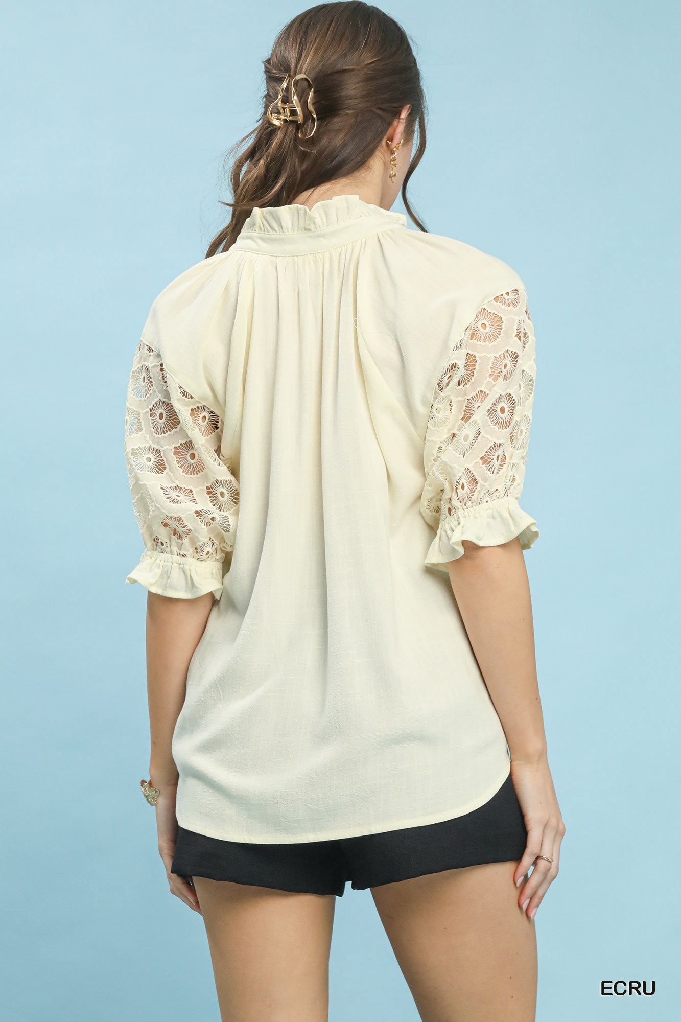 Linen V-Neck Lace Puff Sleeve Top, image 4