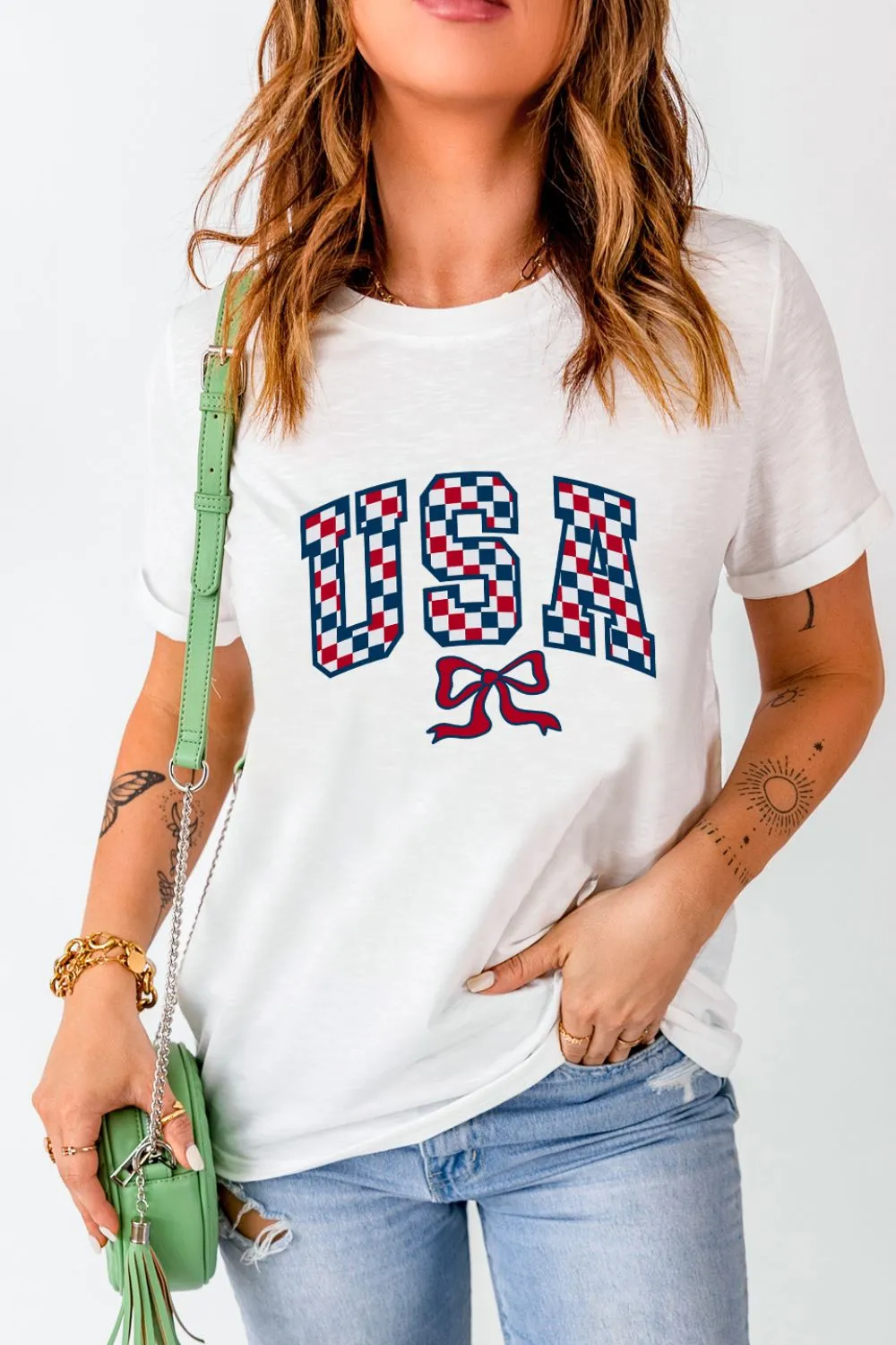 Checkered USA Graphic Round Neck Tee, image 3