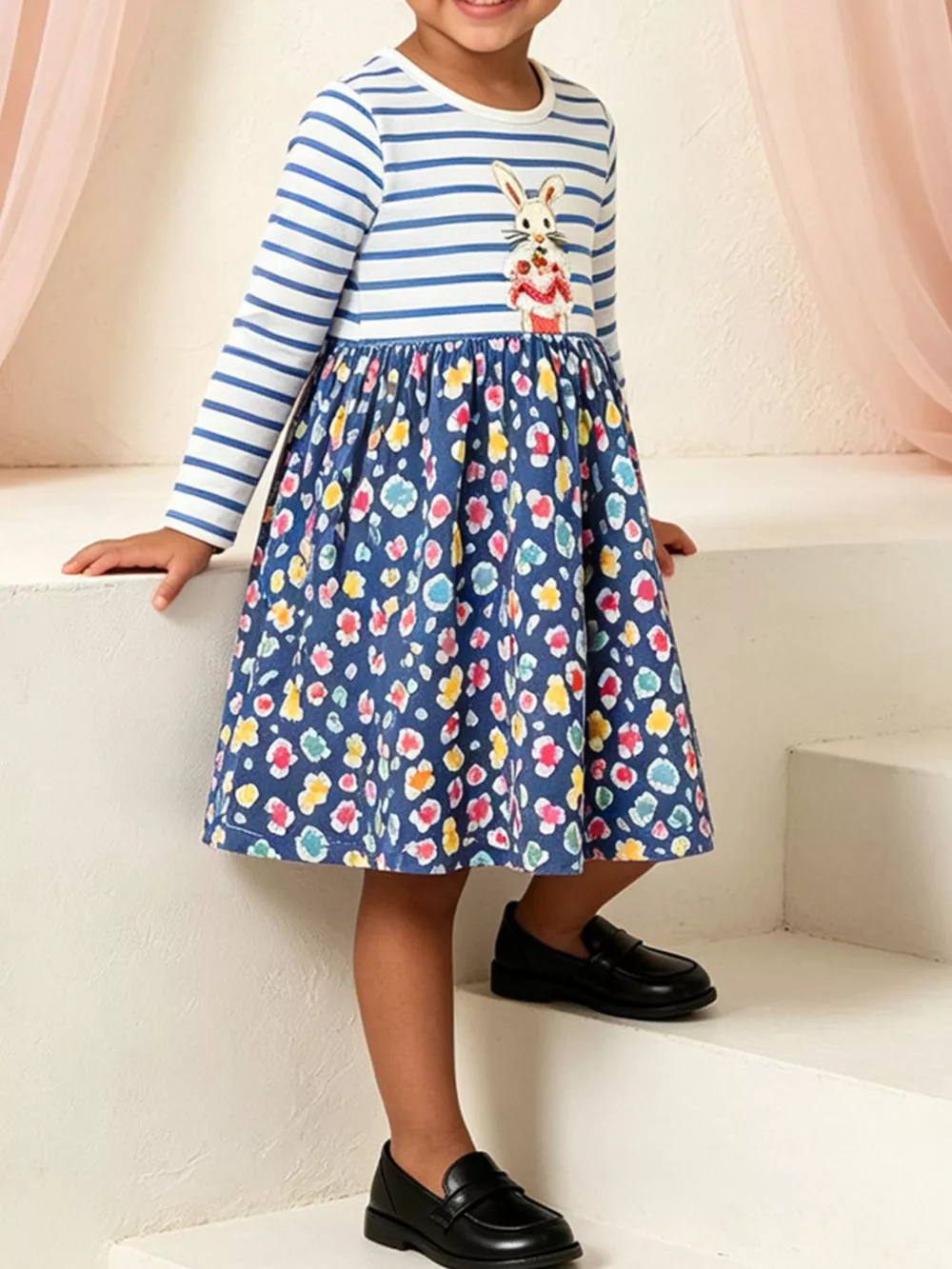 Children's Bunny Graphic Striped Floral Print Dress, image 2