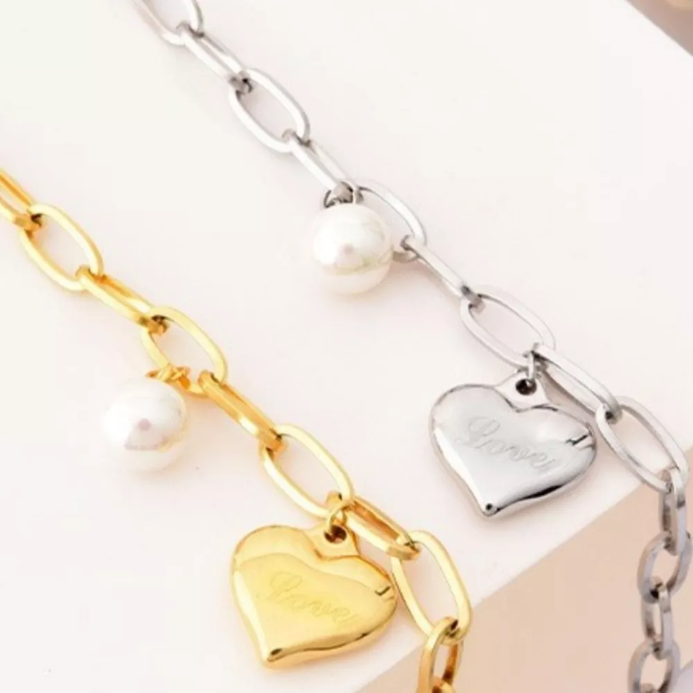 Heart Charm Pearl Accent Chain Bracelet, image 4