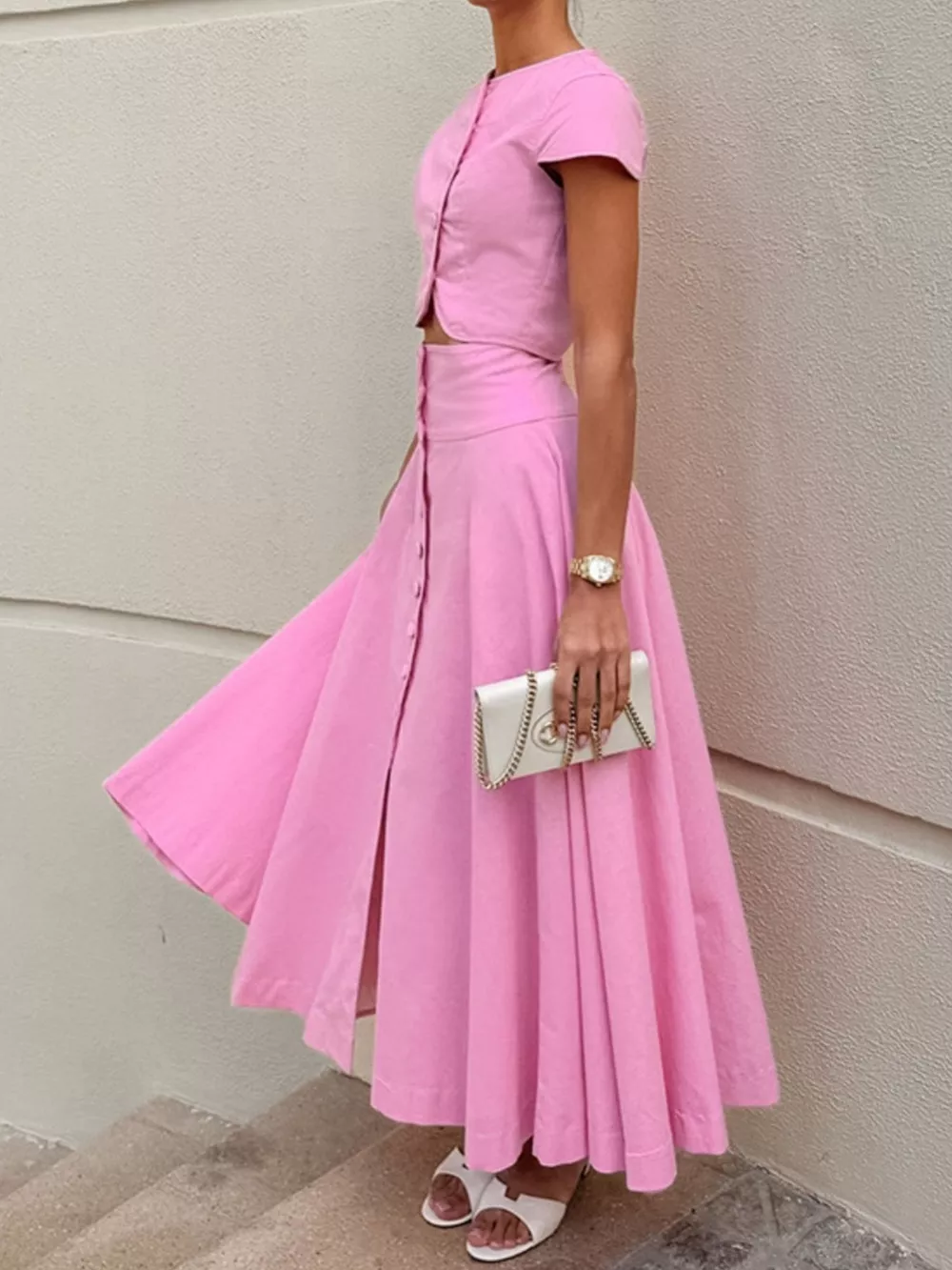 Cap Sleeve Button-Down Crop Top and Midi Skirt Set, image 12