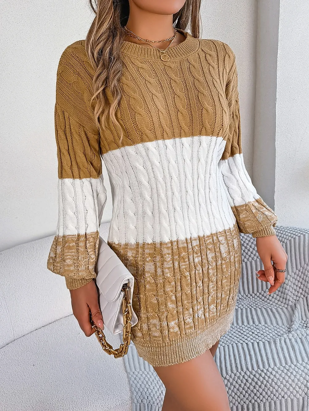 Cable-Knit Round Neck Color Block Sweater Dress, image 12