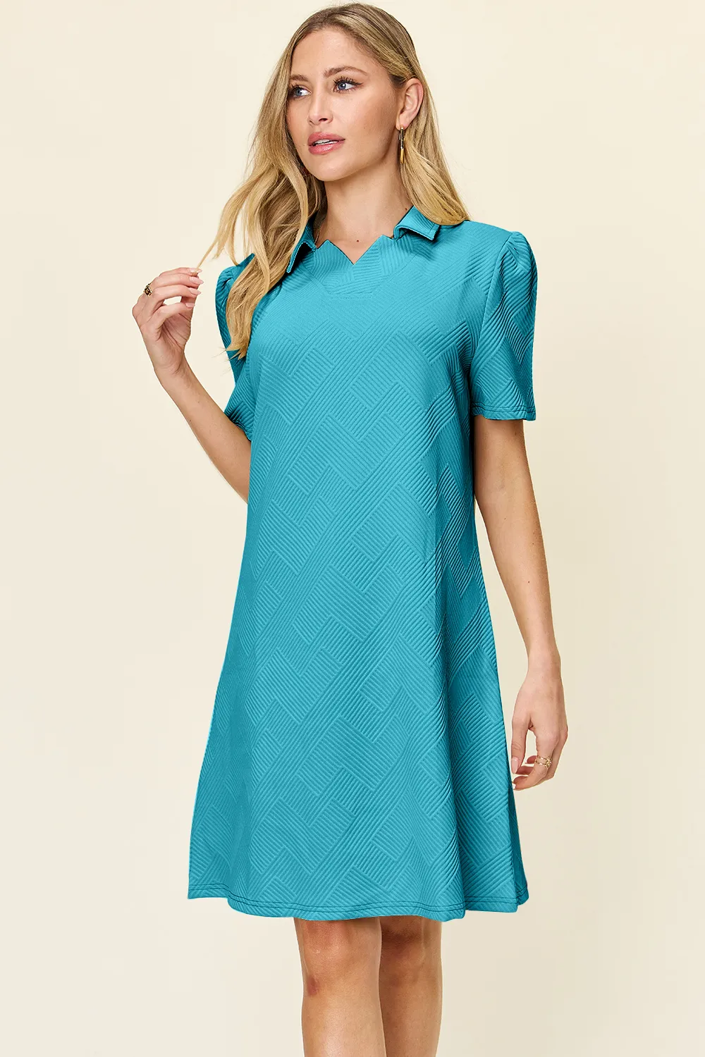 Full Size Texture Collared Neck Short Sleeve Dress, image 21