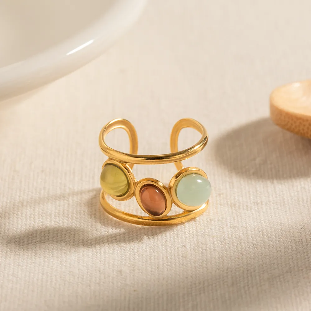 18K Gold-Plated Gemstone Open Cuff Ring, image 4