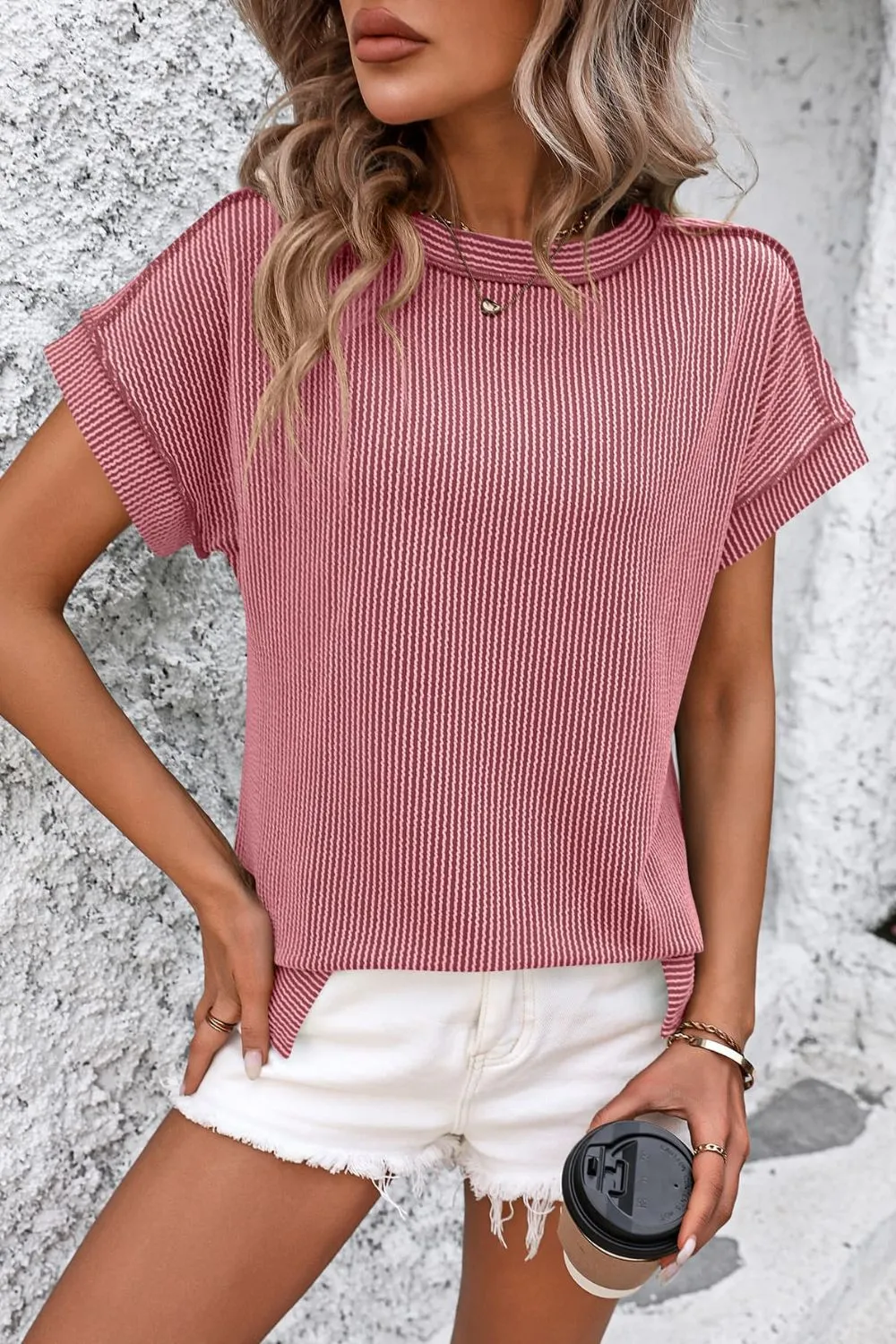 Striped Round Neck Short Sleeve T-Shirt, image 19