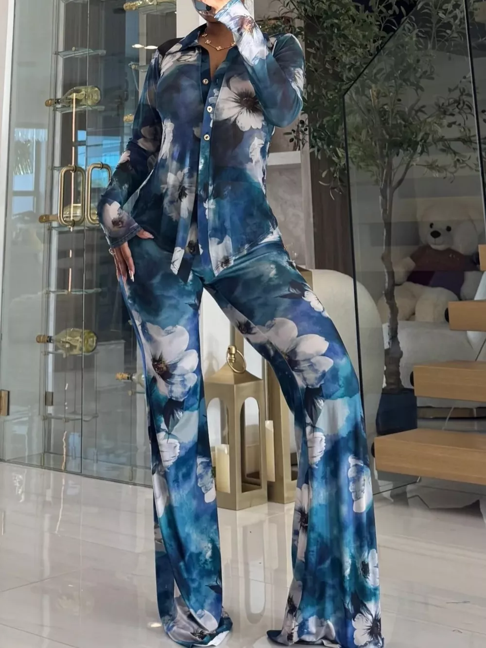 Printed Mesh Shirt and Pants Set, image 7