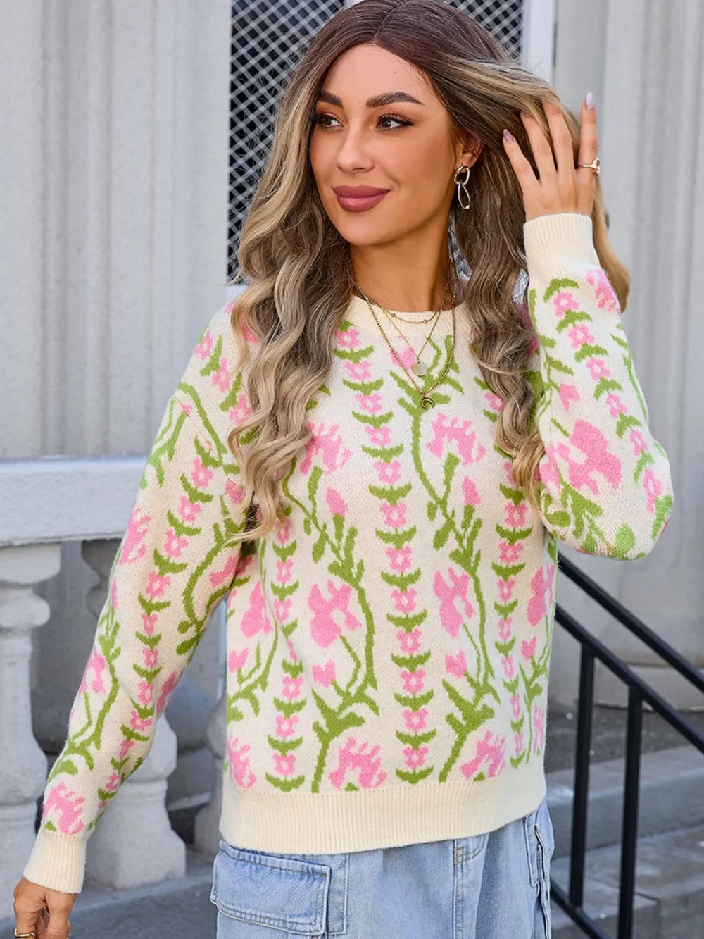 Flower Round Neck Long Sleeve Sweater, image 4