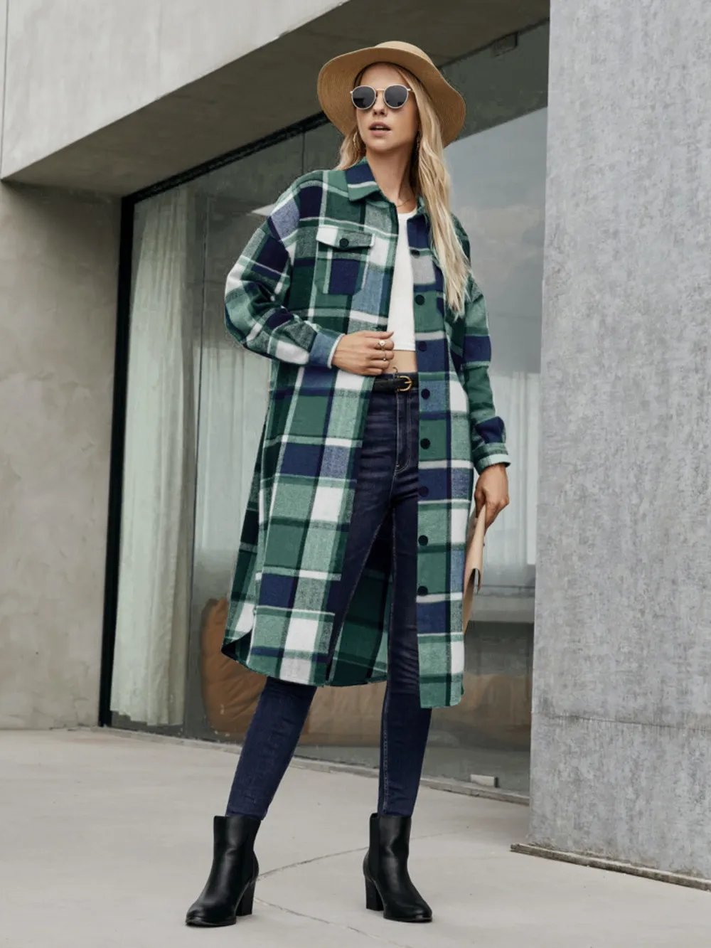 Plaid Pocketed Button Up Trench Coat, image 8
