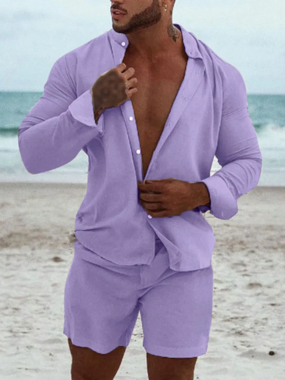 Men's Full Size Button Up Long Sleeve Shirt and Shorts Set Plus Size, image 8
