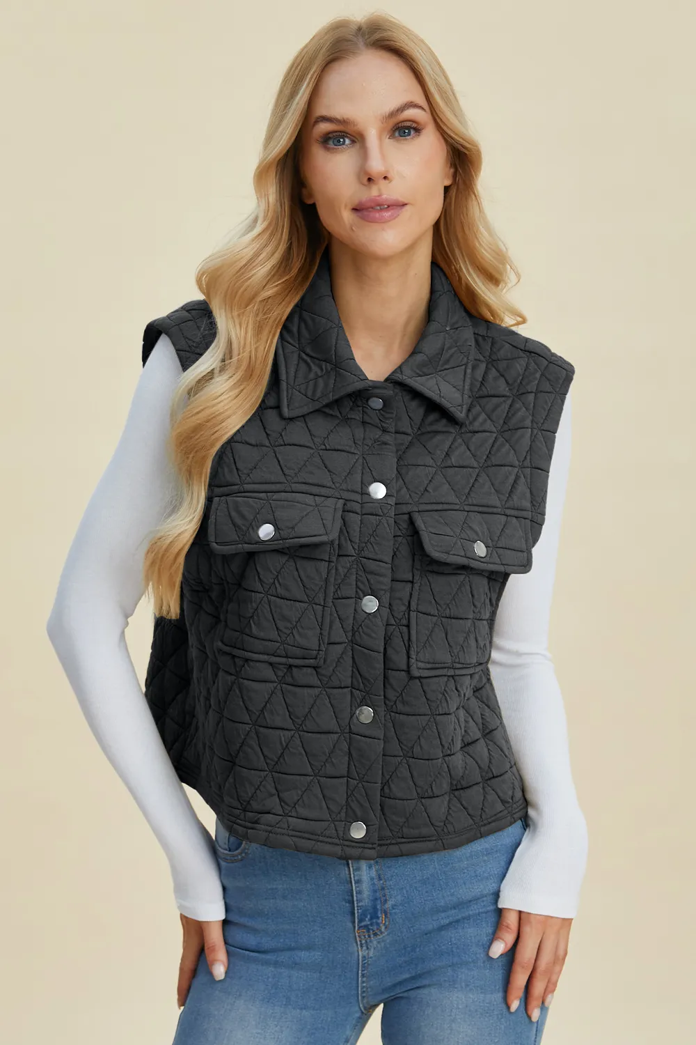 Full Size Pocketed Texture Snap Down Vest Coat, image 8