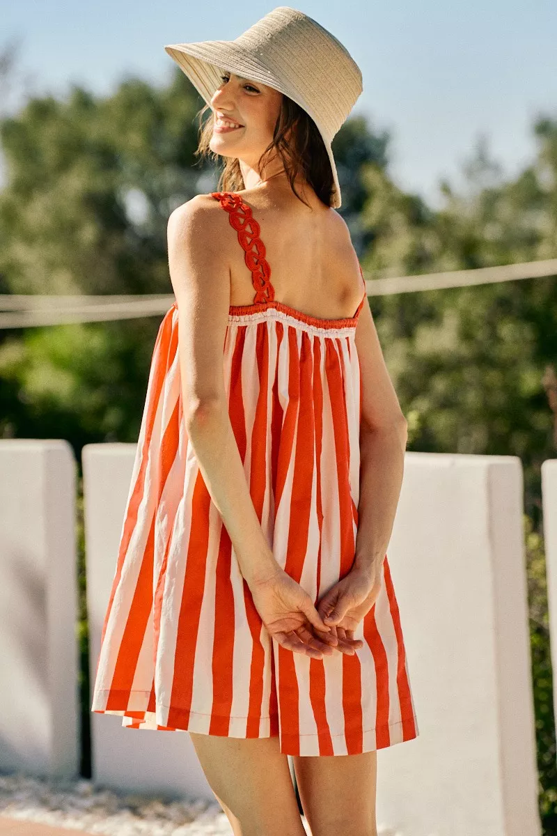 Stripe Cotton Scallop Side Pocket Lined Mini Dress, image 3
