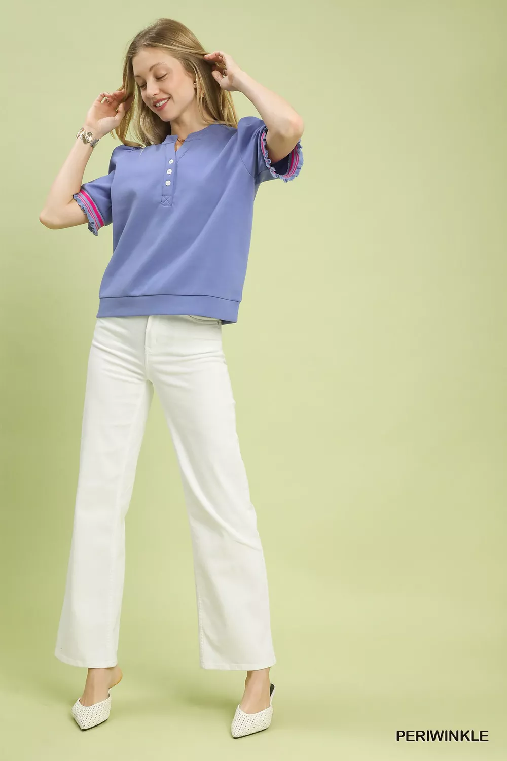 Puff Sleeve Button Front Top with Contrast Trim, image 6