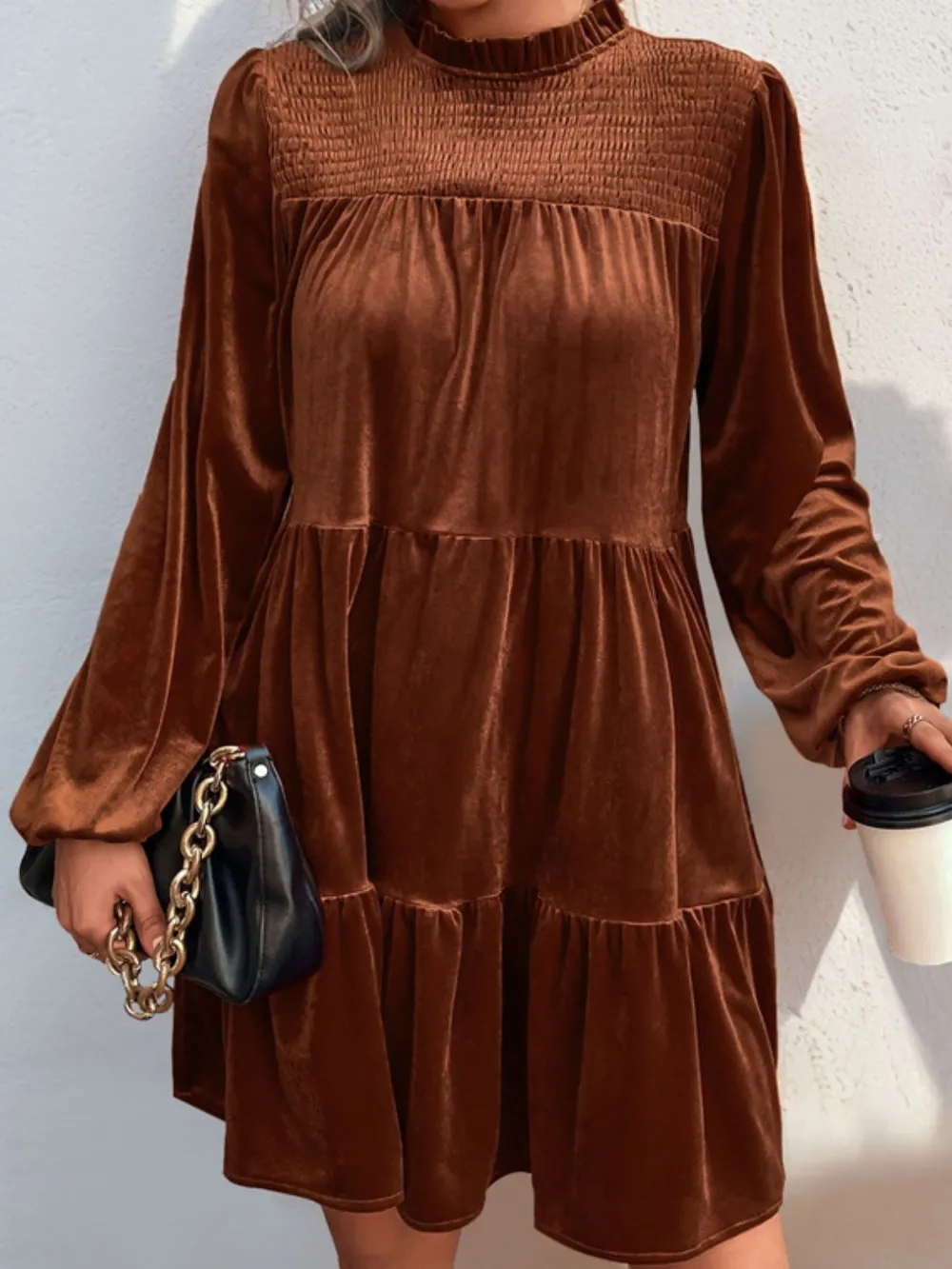 Tiered Ruched Mock Neck Long Sleeve Dress, image 3