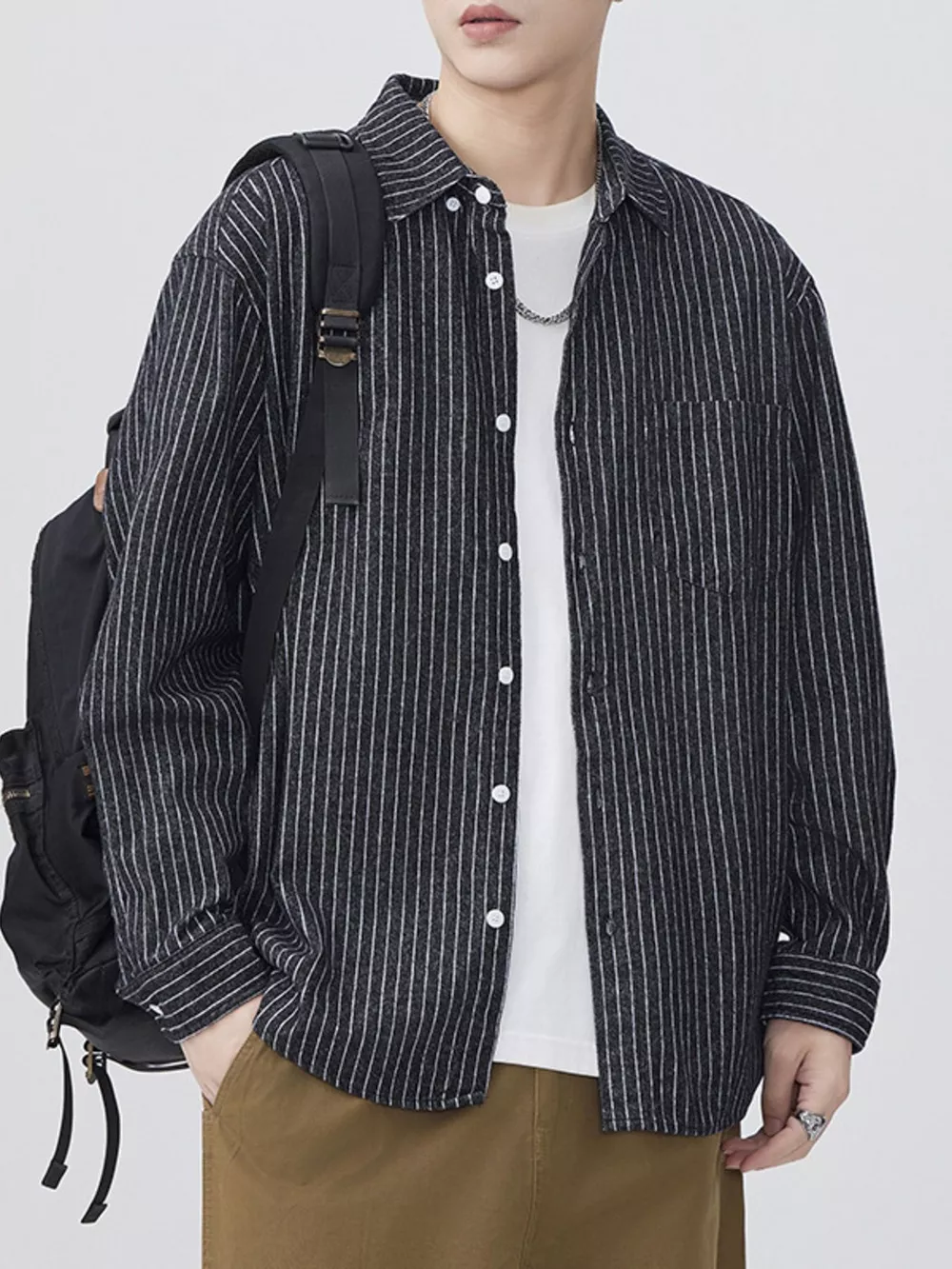 Men's Plus Size Striped Button Up Long Sleeve Shirt