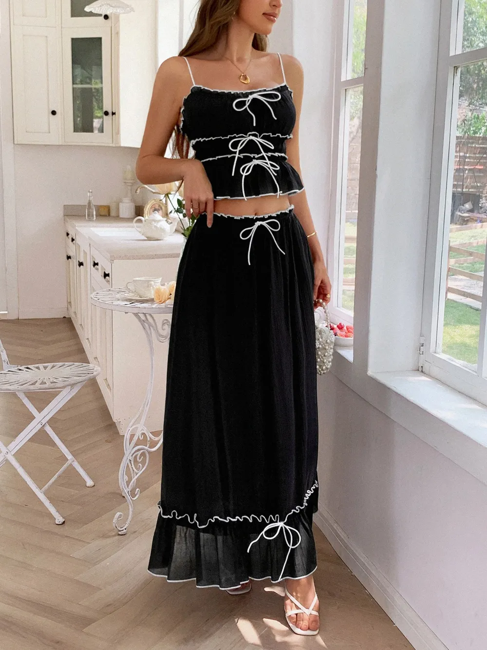 Frill Square Neck Cami and Skirt Set, image 5