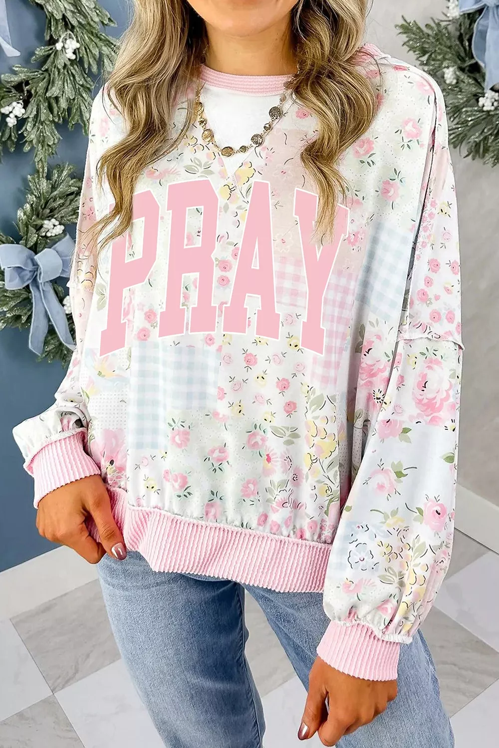 PRAY Graphic Floral Mixed Print Patchwork Top, image 3