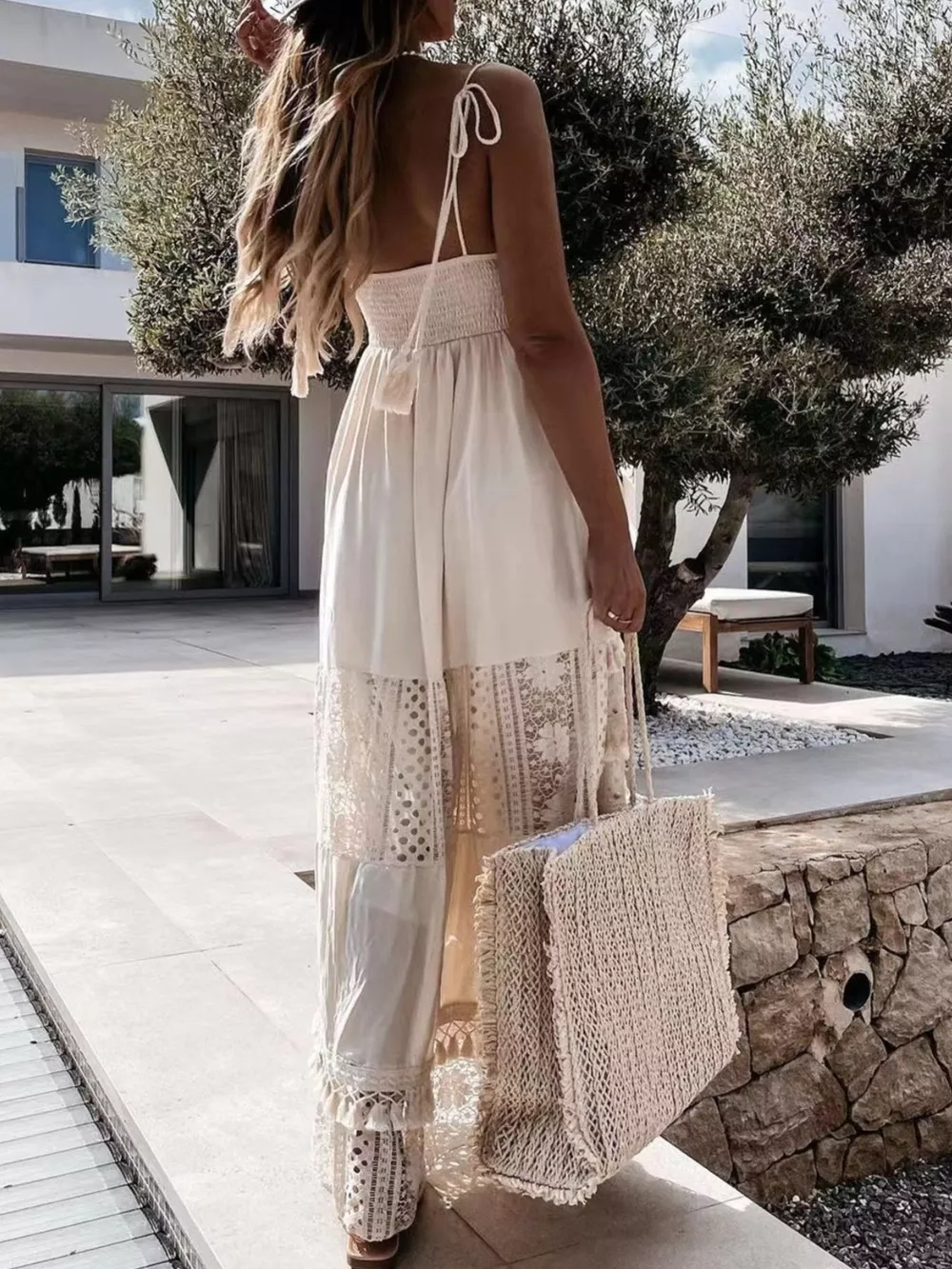 Full Size Bohemian Crochet Trimmed Cami Dress with Tassel Trim Plus Size, image 4