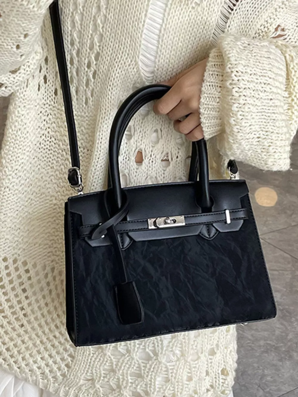 Textured Leather Top-Handle Handbag, image 3