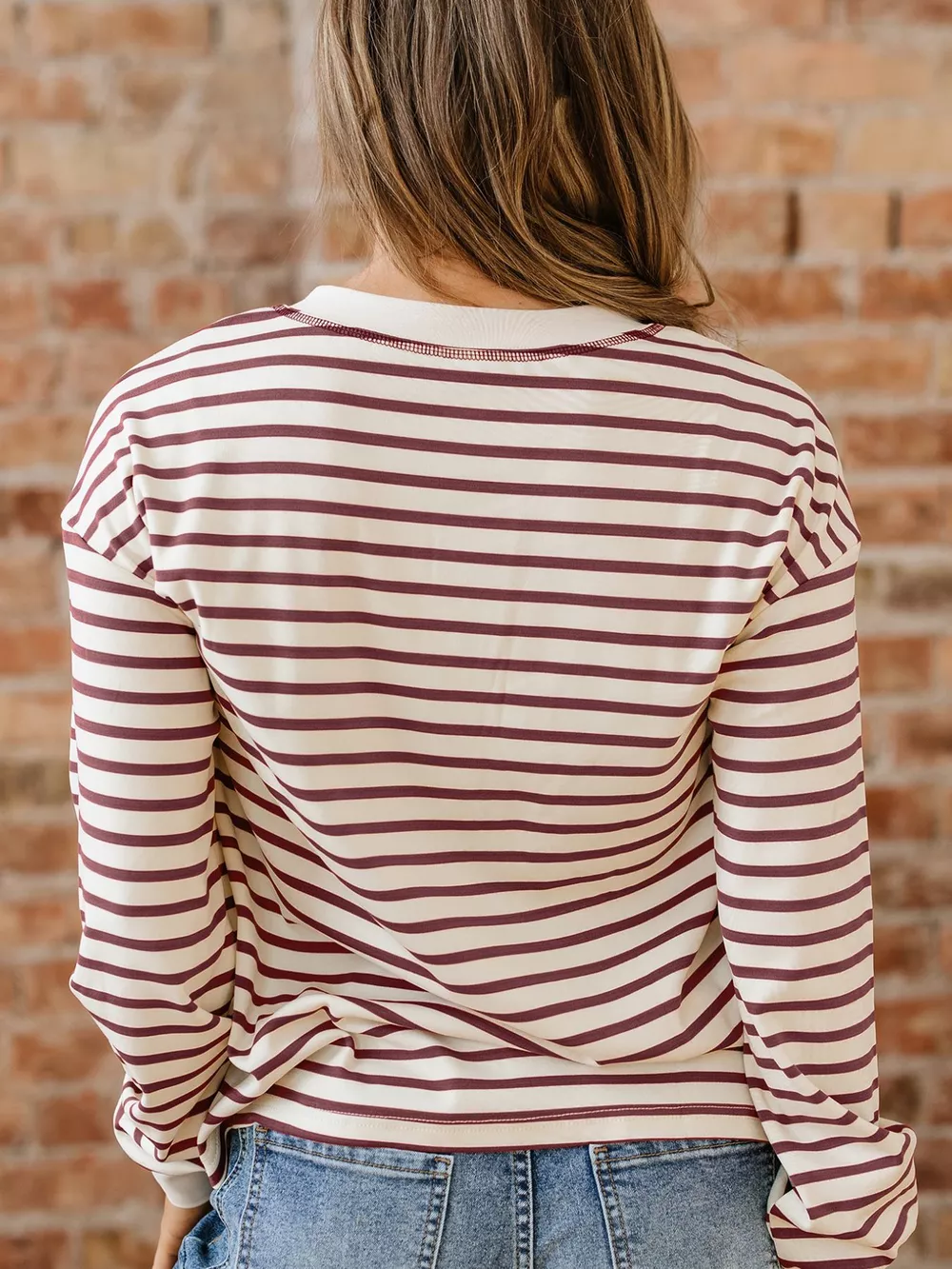 Striped Drop Shoulder Long Sleeve Henley Top, image 5
