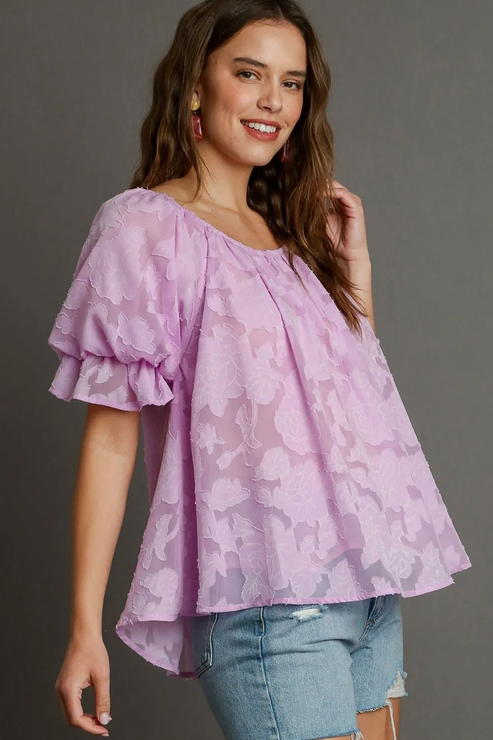 Full Size Jacquard Round Neck Ruffled Puff Sleeve Blouse Plus Size, image 6