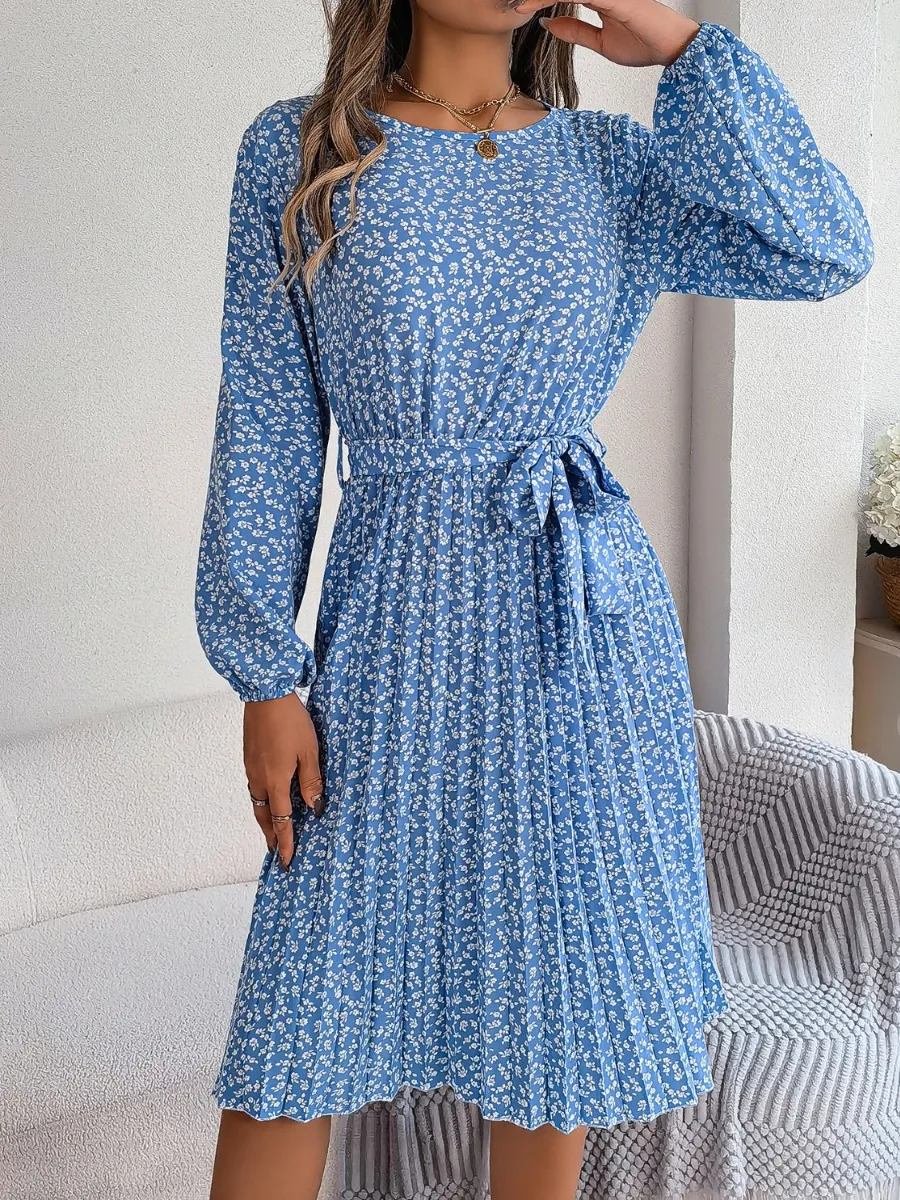 Ditsy Floral Tie Waist Pleated Dress, image 5
