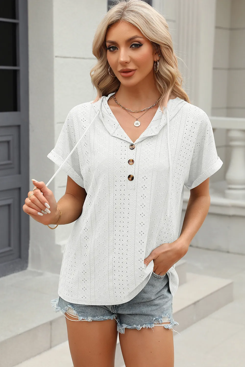 Eyelet Drawstring Hooded Short Sleeve Blouse, image 16