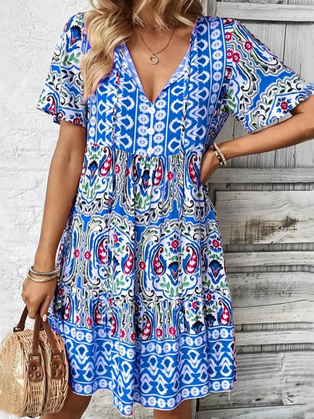 Printed Tie Neck Short Sleeve Dress, image 12