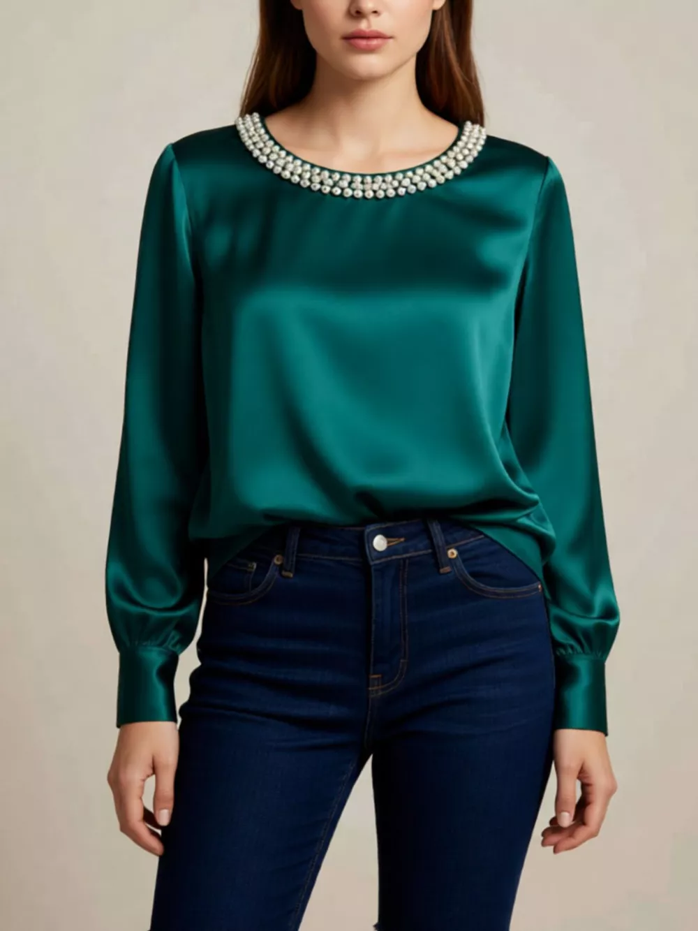 Pearl Trim Round Neck Silk Blouse, image 9
