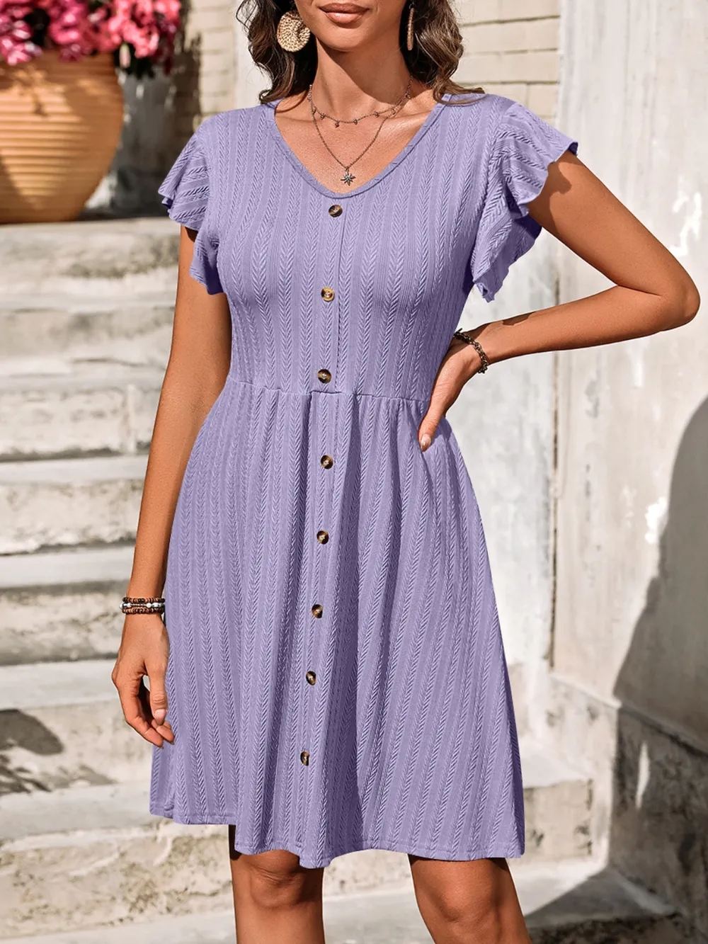 V-Neck Ruffled Cap Sleeve Dress, image 17